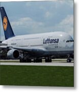 Lufthansa Airbus A380 At Miami International Metal Print