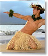 Male Hula Dancer Performs On The Beach. Metal Print