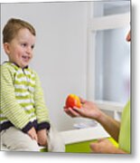 Man Giving Young Boy Apple Metal Print