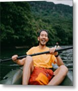 Man Paddling Kayak In Mangrove River And Laughing, Iriomote, Japan Metal Print