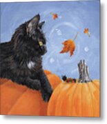 Mango And Caterpillar - Black Cat With Pumpkin Painting Metal Print