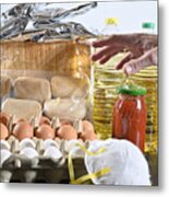 Man's Hand Approaching Food On The Table And A Protective Mask From Viruses, Allergies Etc. Basic Food On A Table Storable For A Long Time. Eggs, Oil, Bread, Tomato Cans And Bags Of Potato Puere Metal Print