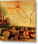 Map Of Downtown Fresno On Old Paper, And Panorama Of Central Part Metal Print