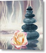 Meditative Calm And Peaceful Relaxing Zen Rocks Cairn Spa Collection With Flower Watercolor Vi Metal Print