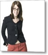 Medium Shot Of A Young Adult Female In A Black Shirt And Glasses As She Smiles Metal Print
