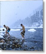 Men Walking On Stones In River During Snowfall Metal Print