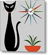 Mid Century Cat With Starburst Clock On Gray Metal Print