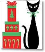 Mid Century Holiday Cat With Presents Metal Print