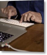 Midsection Of Man Using Laptop On Table Metal Print