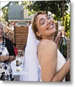 Millennial Bride At Wedding Cocktail In Backyard. Metal Print
