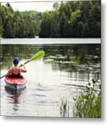 Millennial Woman Kayaking On Country Lake. Metal Print