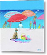Minding The Picnic Under A Red Umbrella, Beach Scene Metal Print