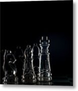 Miniature Figure People As Businessman Standing Face To Face With King Chess Piece On Chessboard. Macro Metal Print