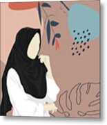 Minimalist Hijab Jilbab Woman Islam Muslim Female Girl Print, Abstract Shapes Tropical Leaves Metal Print