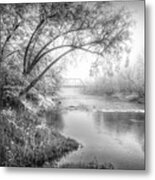 Misty Morning Fog Over The Train River Trestle In Black And Whit Metal Print