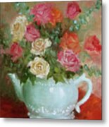 Mixed Rose Bouquet In Turquoise Vase Metal Print