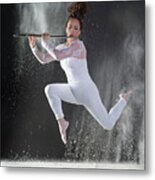 Model Playing Flute Surrounded By White Flour Metal Print