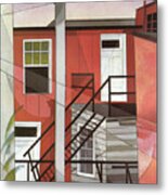 Modern Conveniences - Outer Staircase And Red Facade Metal Print