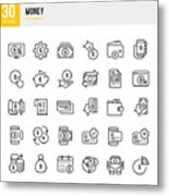 Money - Thin Line Vector Icon Set. Pixel Perfect. The Set Contains Icons: Credit Card, Money Bag, Mobile Payment, Coins, Piggy Bank. Metal Print