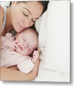 Mother And Baby Sleeping In Bed Metal Print