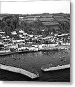 Mousehole Fishing Village Harbour Aerial Black And White Metal Print