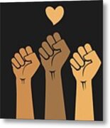 Multiracial Human Hands Raised With Clenched Fists And Heart Shape, Isolated On A Black Background. Protest Concept For Justice And Civil Rights. Metal Print