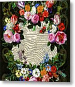 Musical Score In A Frame Of Bouquets Of Roses, Lilies, Bells With Butterflies, Insects, Grasshopper Metal Print