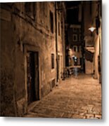 Narrow Alley With Old Houses In The Village Fazana In Croatia Metal Print