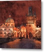 Night At Charles Bridge In Prague Metal Print