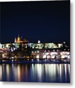 Night View Of The Old Town Of Prague With Prague Castle Metal Print
