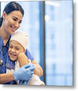Nurse Hugging Young Cancer Patient Stock Photo Metal Print