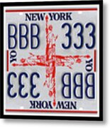 Ny Statue Of Liberty Cross Print - Recycled New York License Plates Art Metal Print