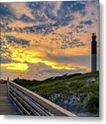 Oak Island Lighthouse Sunset Metal Print