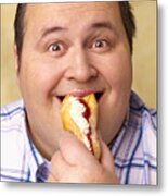 Obese Man Eating Cream Cake. Metal Print