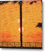 Ocean Sunset Behind A Palm Tree Metal Print