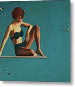 Oil Painting Of A Woman Sitting On A Diving Board Metal Print