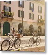 Old-fashioned Bikes Along Naviglio Grande, In Milan, Italy, In The Morning Metal Print