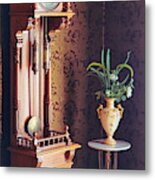 Old Fashioned Grandfather Clock And Antique Vase Metal Print