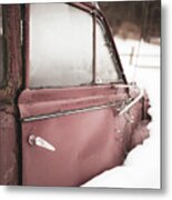 Old Vintage Red Car In A Snow Bank Metal Print