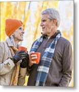 Older Caucasian Couple Drinking Coffee Near Autumn Trees Metal Print