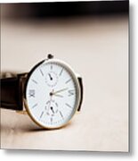 One Modern Watch On Wooden Table Metal Print