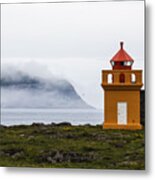 Orange Lighthouse On Rocky Remote Cliff Metal Print