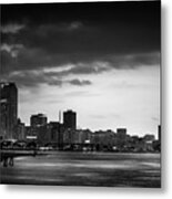 Orange Sky And City Lights In Black And White Metal Print