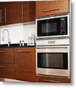 Oven, Microwave, Cabinets And Sink In Modern Kitchen Metal Print