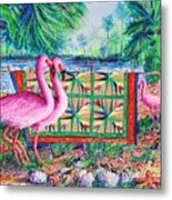 Palm Quilt Flamingos Metal Print