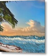 Palm Trees And A Boat Metal Print