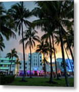 Palm Trees On Ocean Drive South Beach Miami At Night Metal Print
