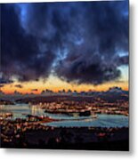 Panoramic View Of Ferrol Estuary With Bridge And Shipyards Stormy Sky At Dusk La Corua Galicia Metal Print
