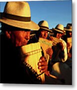 Panpipe Musicians At Golden Hour Oruro Region Bolivia Metal Print