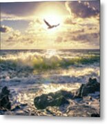 Pelican Flighting Over Wave At Beach Metal Print